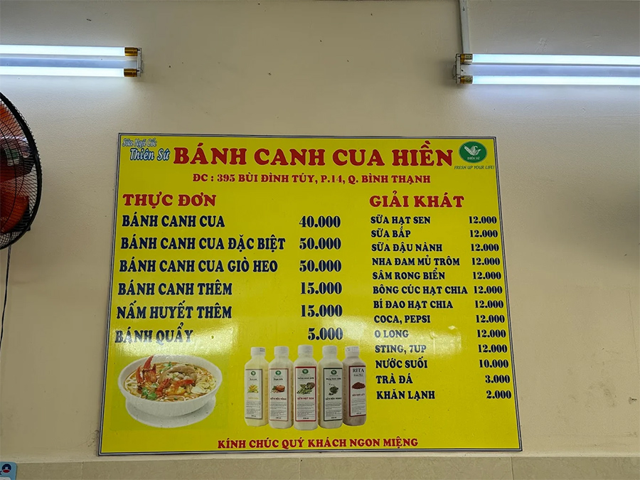 Menu bánh canh cua hiền