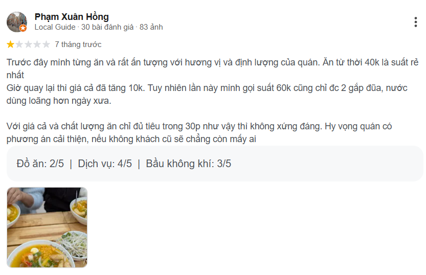 Review, Trải nghiệm của thực khách
