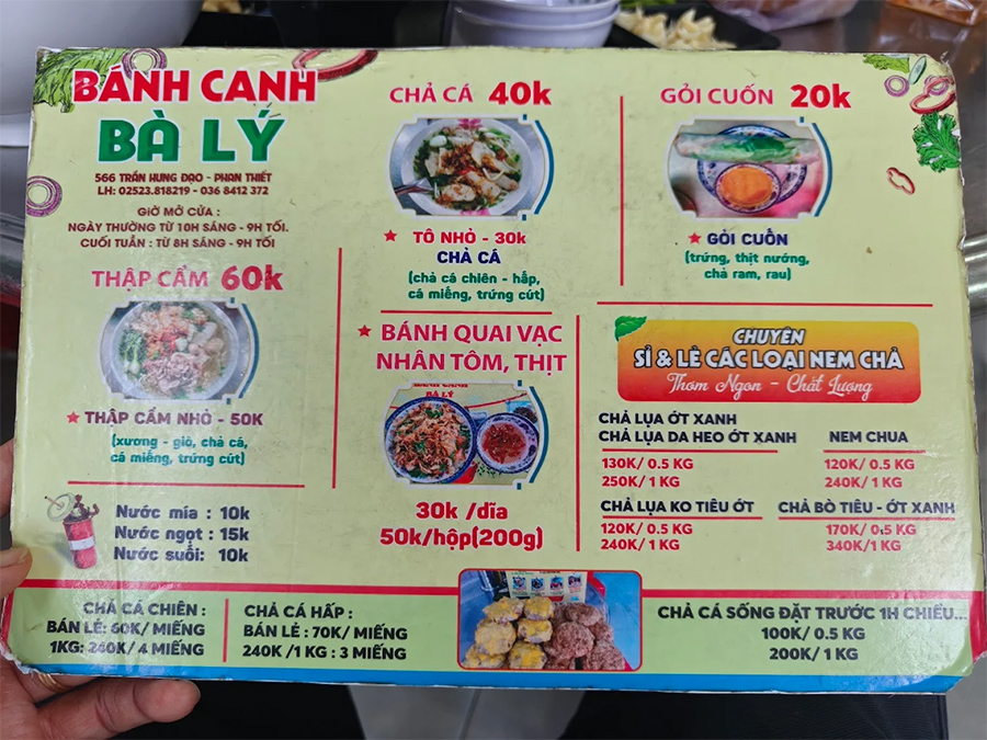 menu quán bánh canh Bà Lý Trần hưng đạo, phan thiết