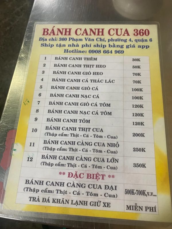 menu Bánh canh cua hẻm 360 Phạm Văn Chí, Quận 6