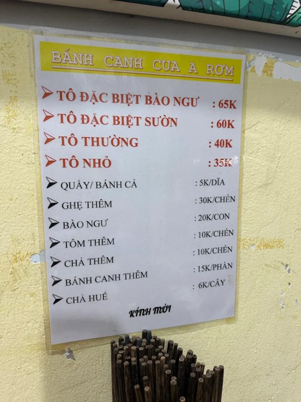 menu Bánh Canh Cua A Rơm, Hoàng Văn Thụ, Bà Rịa Vũng Tàu
