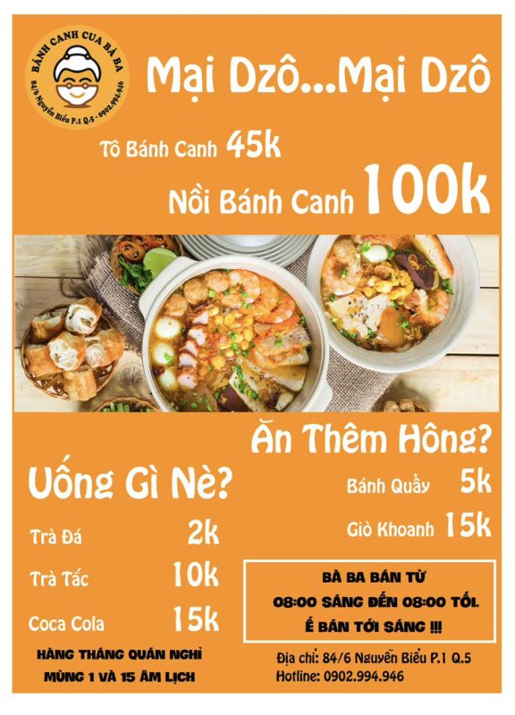 Menu quán bánh canh cua Bà Ba