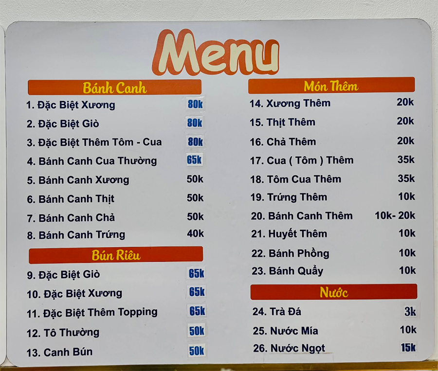 Giá cả và menu bánh canh út lệ