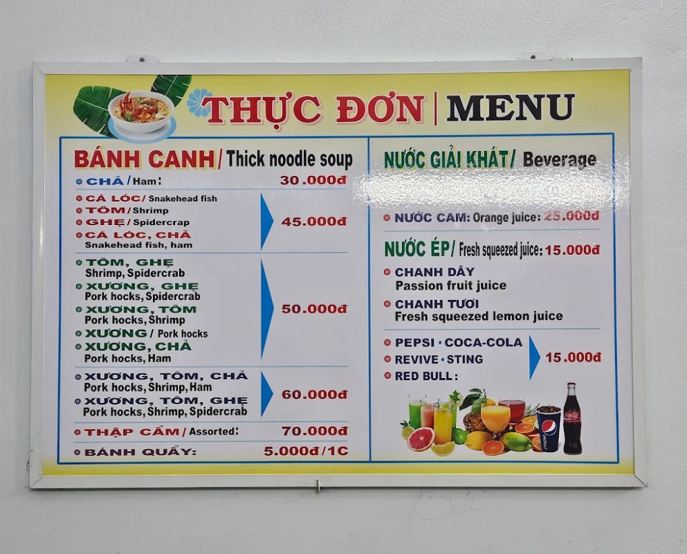 menu Bánh Canh Nga - Nguyễn Chí Thanh, Hải Châu, Đà Nẵng