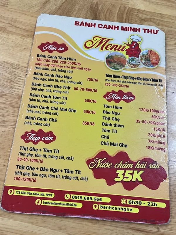 menu Bánh Canh Ghẹ, Tôm Hùm Minh Thư - Ninh Kiều, Cần Thơ