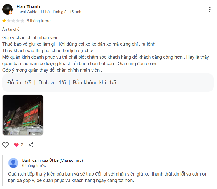 Review trải nghiệm của thực khách về bánh canh út lệ