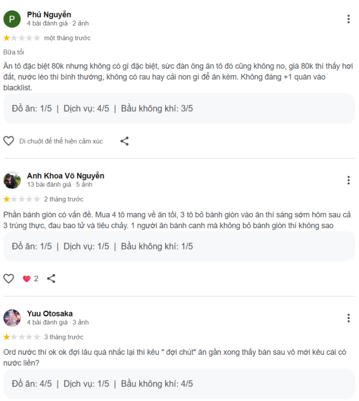 Review trải nghiệm của thực khách về bánh canh út lệ
