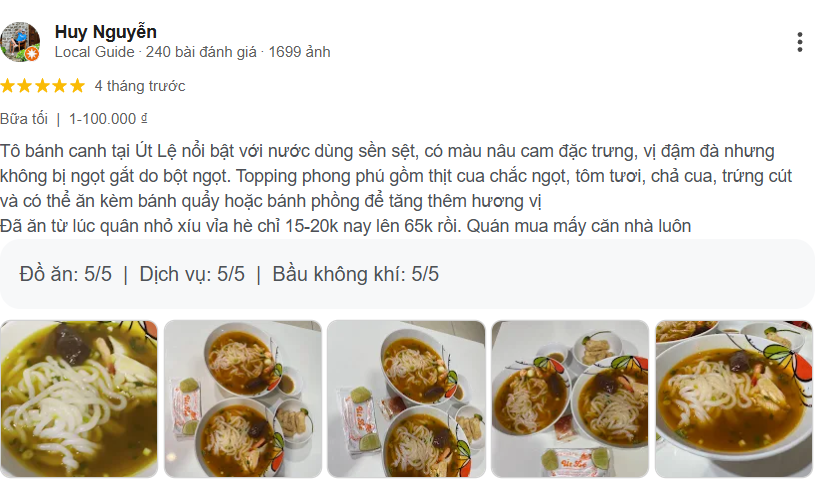 Review trải nghiệm của thực khách về bánh canh út lệ