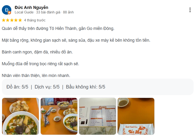 Review trải nghiệm của thực khách về bánh canh út lệ