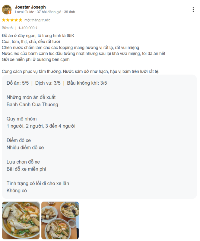 Review trải nghiệm của thực khách về bánh canh út lệ